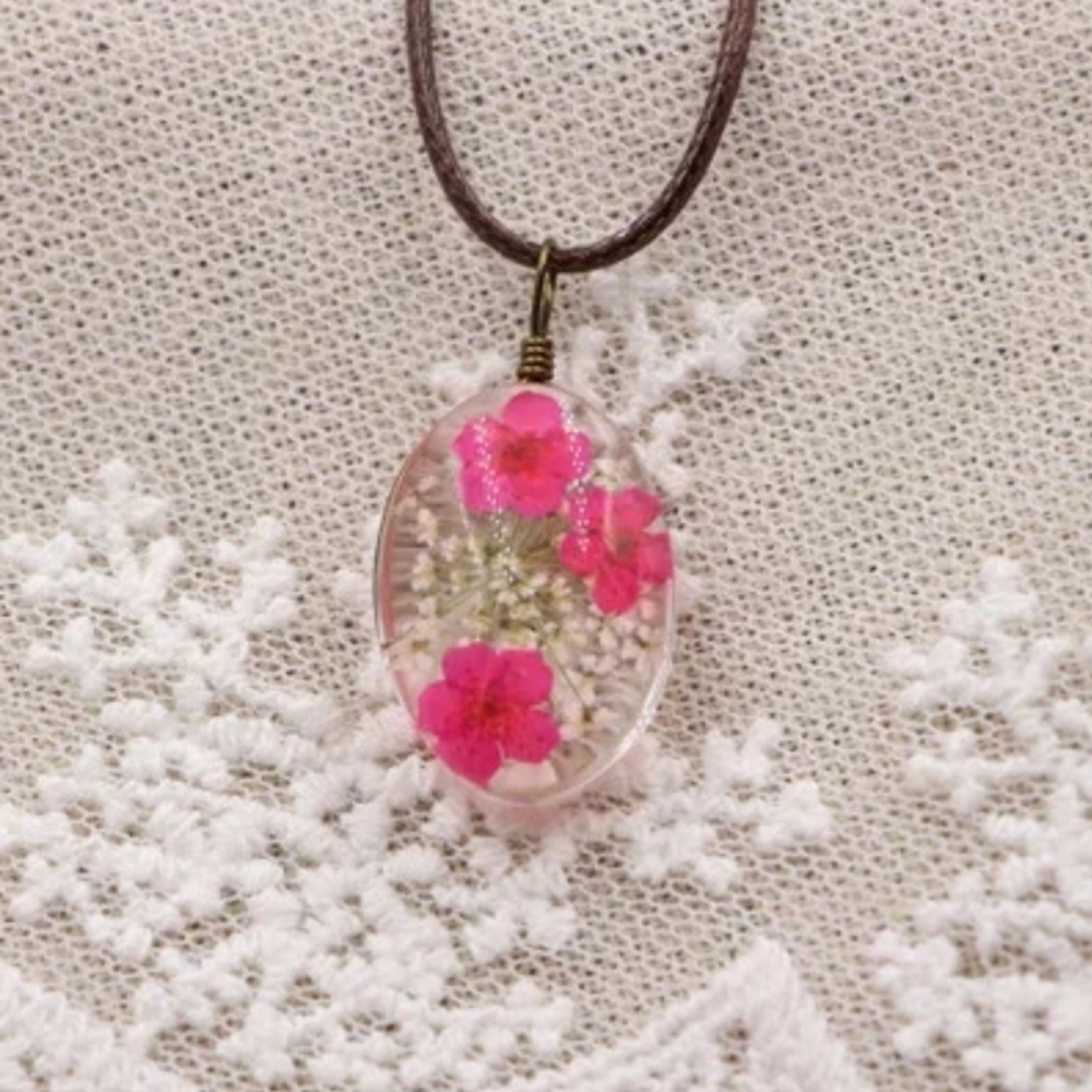 Dried Flower Pendant Necklace Cord Bright Pink